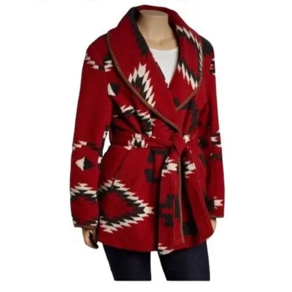 Red Aztec Shawl Collar Wrap Jacket